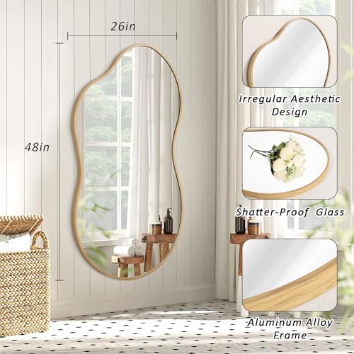 JJUUYOU Asymmetrical Mirror with Metal Frame Irregular Bathroom Mirror Decorative Wall Mirror Large 26"x47" Vintage Mirrors for Living Room Bathroom Bedroom Entryway Wall Decor - color: Wood, size: 47"L x 26"W