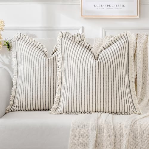 MIULEE Gray Pack of 2 Pillow Covers 18x18 Inch Striped Farmhouse Couch Throw Pillow Covers with Fringe Chic Linen Decorative Cushion Covers for Sofa Living Room Bed Outdoor Home Decor - color: Gray, size: 18" x 18" (Pack of 2)