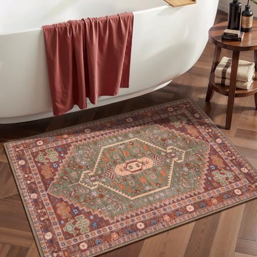 Ciicool Small Area Rug, 2x3ft Boho Rug, Ultra Soft Entry Rugs for Entryway, Non-Slip Washable Rugs Oriental Low-Pile Indoor Mat Floor Carpet for Entrance Bedroom Kitchen Bathroom Foyer Decor - color: Terracotta/Green, size: 2' X 3' (Rectangular)