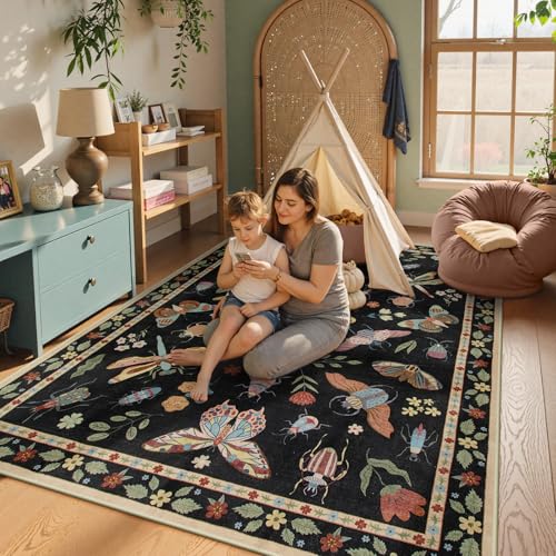 Beeiva Insect Print Rug 6x9, Machine Washable Area Rugs for Living Room, Boho Non Slip Low Pile Ultra Thin Foldable Aesthetic Large Carpet for Bedroom Playroom Dining Room Decor(Black,6x9ft) - color: Black, size: 6' x 9' (Rectangular)