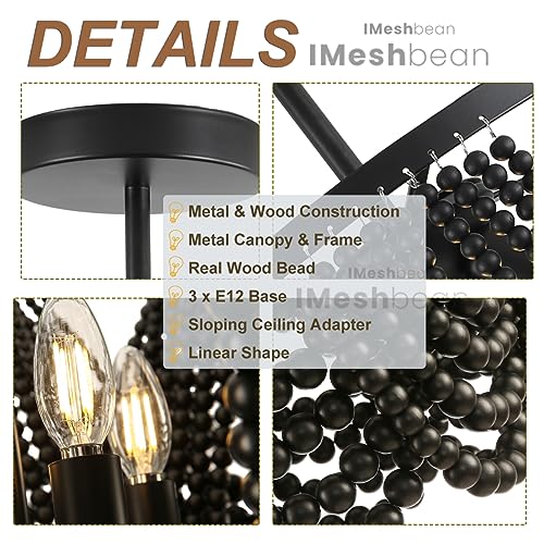 Black Boho Chandelier,Wood Beaded Chandelier Light Fixture, 12.6 inch Bohemia Draped Bead Flush Mount/Semi Flush Mount Ceiling Light Fixture for Dinning Room Bedroom Hallway - color: Black 12.6"