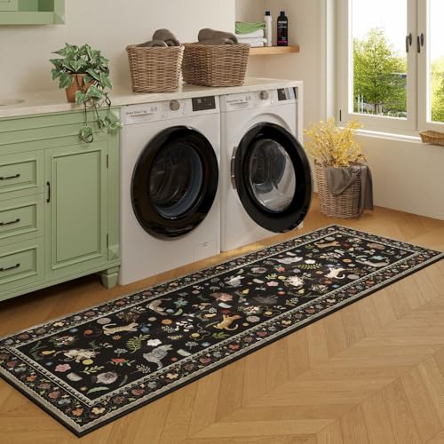 Rugcomf Runner Rug for Kitchen Non Slip 2'x6' Washable Rugs with Rubber Backing Soft Floral Animal Cat Carpet Runner for Kitchen Laundry Bedroom Bathroom, Black - color: Black/Cat, size: 2' x 6' (Rectangular)
