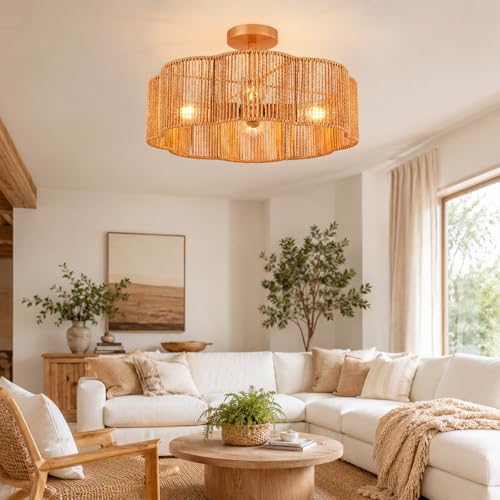 Hamilyeah Rattan Flush Mount Ceiling Light Fixture, 20 Inch Woven Scalloped Boho Ceiling Lamp, 4-Light Gold Ceiling Fixture with Hand-Woven Wicker Shade for Bedroom, Dining Room, Kitchen - color: Gold