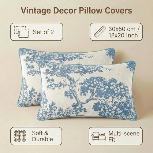 Mantle & Mason Floral 12x20 Lumbar Pillow Covers Set of 2, French Vintage Woven Jacquard Decorative Accent Pillow Cases for Couch, 430GSM Thick Chenille & Luxury Velvet, Blue - color: Tree Pattern Blue, size: 20" x 12" (Pack of 2)