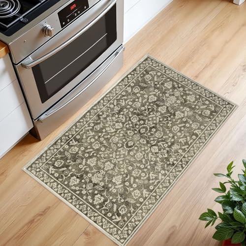 Vintage Entryway Rug Indoor, Taupe Brown Washable Rug 2x3, Small Area Rug with Non-Slip Backing, Floral Print Thin Faux Wool Super Soft Door Mat for Kitchen, Entrance, Bedroom, Office - color: Taupe Brown, size: 2' x 3' (Rectangular)