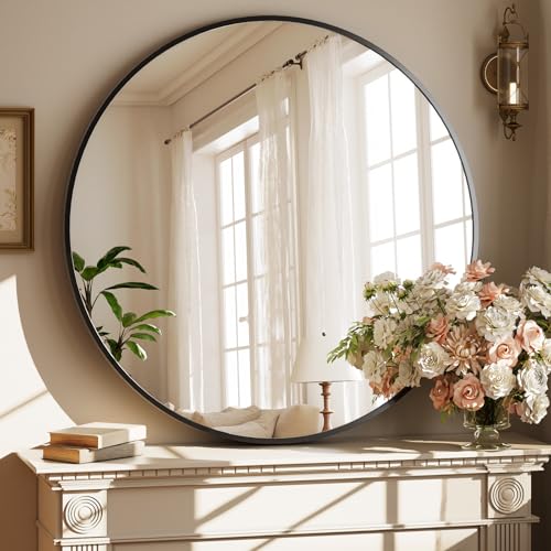 XRAMFY 42 Inch Round Black Metal Wall Mirror - Stylish Circle Mirror for Entryway, Bathroom, and Living Room Decor | Matte Black Circle Wall Mirror - color: Round-black, size: 42"L x 42"W