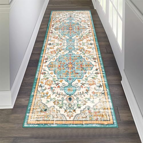 Pauwer Boho Hallway Runner Rug 2x6 Washable Entryway Area Rugs Non Slip Farmhouse Vintage Floor Mat Carpet Runner for Hallways Laundry Room Kitchen Bathroom Bedroom - color: Blue Multi, size: 2' x 6' (Runner)