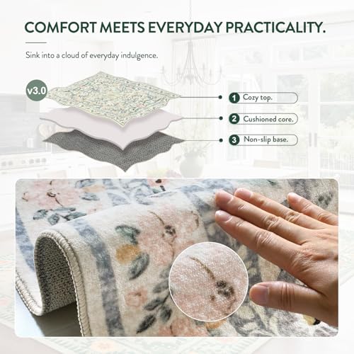 Lahome Sylvie Round Boho Floral Rugs 4ft, Cream Washable Circle Rugs for Bedroom Nursery, Vintage Beige Circular Carpet, Soft Non-Slip Carpet for Kids Room Playroom Calm Corner, Beige - color: Beige, size: 4' (Round)