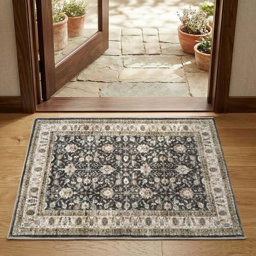 jinchan 2x3 Washable Vintage Floral Rug, Distressed Traditional Entryway Rug, Soft Low-Pile Non-Slip Accent Mat for Indoor Foyer, High-Traffic Kitchen Sink Laundry Room, Black - color: Oriental Taupe on Black, size: 2' x 3' (Rectangular)