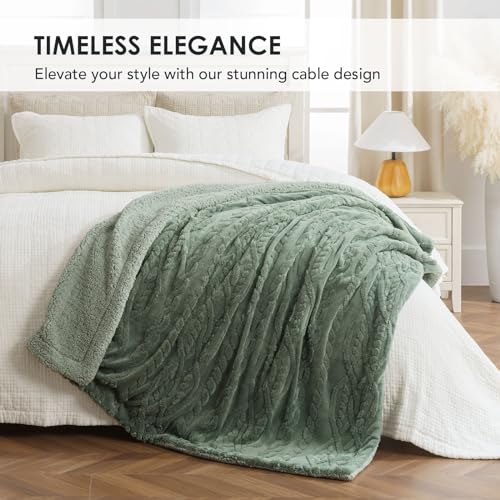EverGrace Classic Cable Jacquard Sherpa Fleece Throw Blanket for Couch, Soft Cozy Fuzzy Plush Blankets for All Seasons, Reversible Thick Warm Blanket for Bed, Sofa, Living Room, Sage Green, 50" x 60" - color: Cable Sage Green, size: 50x60 Inches
