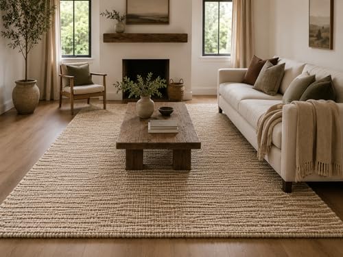 FRELISH DECOR Area Rug 8x10 feet - Premium Wool and Jute Blend Handwoven Rugs - Natural Fiber Chunky Stripe Rugs for Living Room, Bedroom, Hallways, Dining Area: Natural Ivory - size: 8' x 10' (Rectangular)