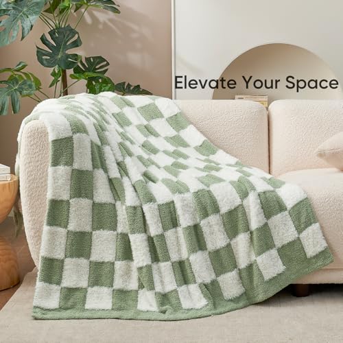 Snuggle Sac Sage Green Checkered Throw Blanket Faux Fur Knitted with Microfiber Yarn, Cozy Soft Warm Spring Blankets for Couch,Sofa,Bedroom,Sage Green Checker,50x60 inches - color: Green White, size: Throw(50"x60")