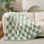 Snuggle Sac Sage Green Checkered Throw Blanket Faux Fur Knitted with Microfiber Yarn, Cozy Soft Warm Spring Blankets for Couch,Sofa,Bedroom,Sage Green Checker,50x60 inches - color: Green White, size: Throw(50"x60")
