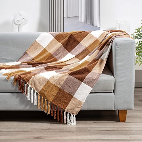 RECYCO Buffalo Paid Chenille Throw Blanket for Couch, Soft Cozy Decorative Buffalo Check Blanket Throw with Tassels for Bed Sofa, Lightweight Chenille Knitted Throw, Plaid Brown Off White, 50'' x 60'' - color: Plaid Brown Off White, size: 50'' X 60''