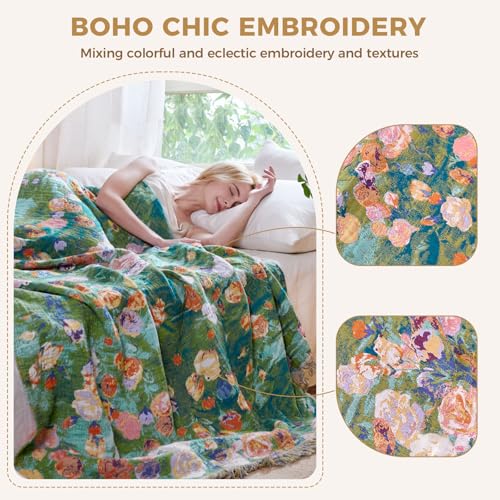 LUTBM Boho Throw Blanket for Couch Sofa Chair Summer Cotton Blankets for Bedroom Living Room All Season Soft Lightweight Reversible Floral Embroidery Decorative Throws 50"x60" Home Decor - color: Floral Green Garden, size: 50"×60"