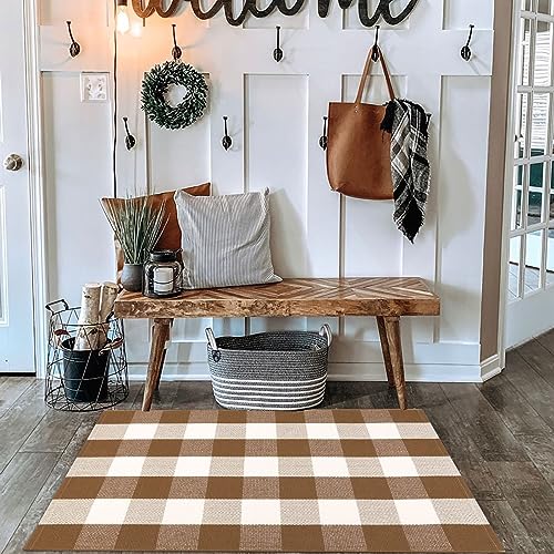 Buffalo Plaid Outdoor Rugs, 2'4" x 3'7" Brown and White Checkered Indoor/Outdoor Area Rug, Layering Rug for Hello/Welcome Door Mat, Washable Cotton Woven Farmhouse Mat for Fall Front Porch Décor - color: Brown and White Plaid, size: 2'4" x 3'7" (Rectangul
