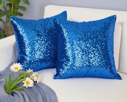 ShinyBeauty Blue Throw Pillows Cover for Couch, Sequin Pillow Case 20"X20" Set of 2, Royal-Blue Cushion Covers Throw Pillow Cases for Sofa,Bed,Home Decorations - color: Royal Blue, size: 20" x 20" (Pack of 2)