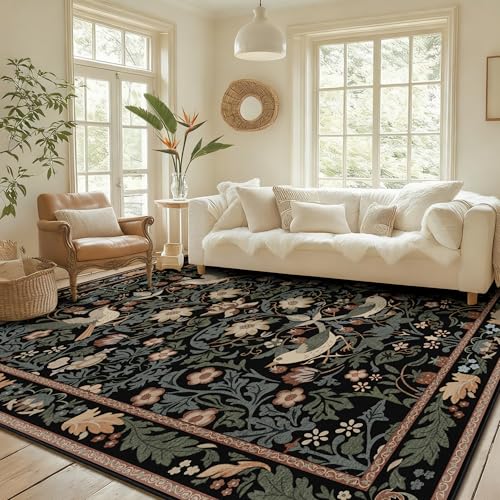 8'x10' Area Rugs Washable,Boho Rug for Living Room Bedroom Dining Room,Large Farmhouse Botanical Bohemian Distressed Oriental Carpet Non Slip,Black Floral Bird - color: Black Floral Bird, size: 8'x10'