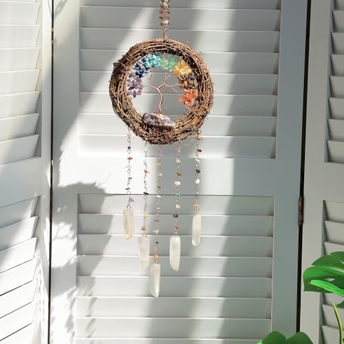 Dream Catcher - Dreamsum 7 Chakra Tree of Life Dream Catcher Native Boho Dreamcatcher Rattan Wall Decor, Handmade Natural Rattan Brown Crystal Hanging Decor for Bedroom Living Room (Dark Brown) - style: Rattan-Crystal