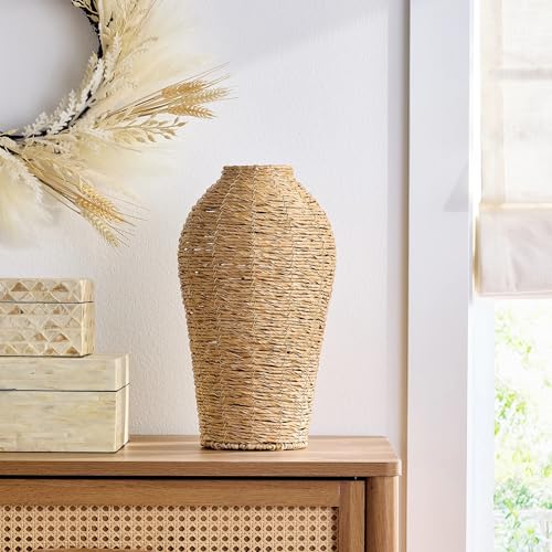 15" Woven Faux Seagrass Floor Vase – Large Decorative Planter, Indoor Greenery Display