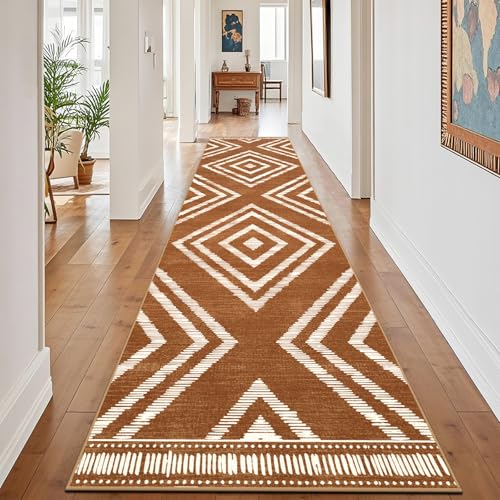 Boho Runner Rugs for Hallway 2.6x12ft Non Slip, Long Brown Washable Farmhouse Kitchen Rug Runners Non Shedding, Moroccan Floor Carpets for Doorway Entryway Living Room Home Decor - color: Brown, size: 2'8" x 12' (Rectangular)