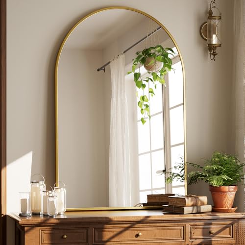 HARRITPURE Arched Bathroom Mirror - 30"x48" Gold Large Wall Mounted Vanity Mirror Aluminum Alloy Frame Arch Wall Mirror for Living Room, Bedroom, Entryway - color: Gold-1pcs, size: 48"L x 30"W