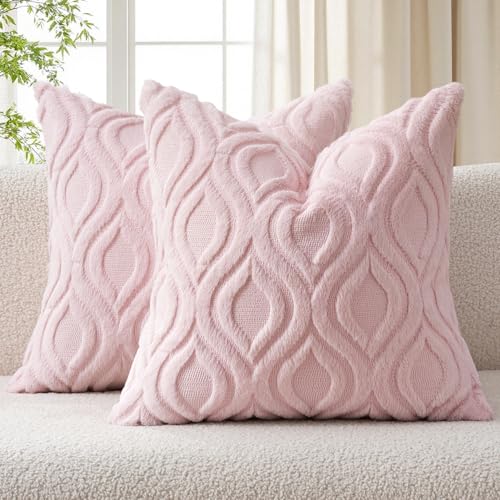 MIULEE Light Pink Valentines Throw Pillow Covers 18x18 Inch, Soft Spring Plush Faux Wool Couch Pillow Covers Set of 2 Decorative Farmhouse Boho Throw Pillows for Sofa Living Room Bed - color: Light Pink, size: 18" x 18" (Pack of 2)