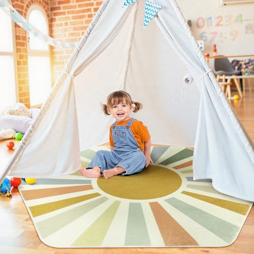 STARUIA Boho Washable Rug for Kids Play Room, 4'x 4'7" Hexagon Tent Colorful Sun Nursery Corner Rugs for Girls Boys, Ultra Soft Non-Slip Sunshine Carpet Play Rug for Princess Room Decor Classroom - color: Monet, size: 4'x4'7"