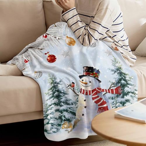 Snowman Throw Blankets, Blue Merry Christmas Tree Red Balls Squirrel Soft Fleece Blanket Decorative for Home Sofa Couch Chair Living Bedroom,40x50 Inches, Winter - color: Christmas-lxm13058, size: 40x50 Inch