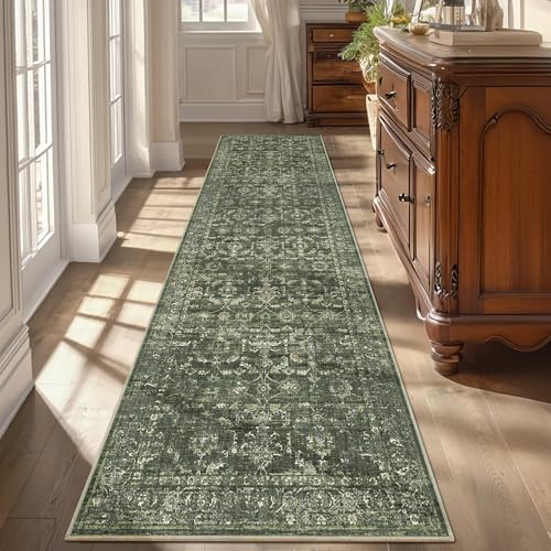 3x10 Green Runner Rug Hallway Washable Area Rugs Kitchen Vintage Boho Non Slip Long Rug Floral Carpet Indoor Retro Soft Low Pile Throw Rug for Bedroom Bathroom Laundry Dining Living Room Office - color: Dark Green, size: 3' x 10' (Runner)