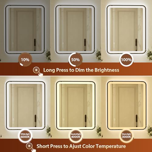 32x40 Inch Black Framed LED Bathroom Mirror with Lights,Smart Bathroom Mirror,Motion Sensor,Tempered Glass,Anti-Fog,Stepless Dimmable & 3 Colors,Memory,Vanity Mirror for Wall - color: Black-with Sensor Lights, size: 32"L x 40"W