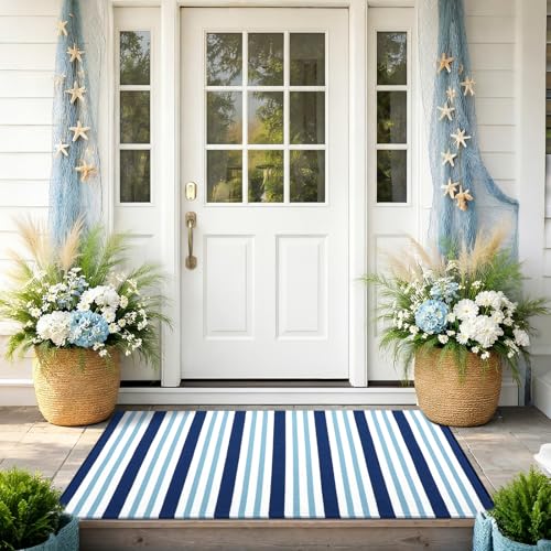 Moucuny Blue and White Striped Rug, 2'4'' x 3'7'' Coastal Navigation Theme Summer Rug Outdoor Front Porch Door Mat Welcome Layering Rustic Washable Doormat for Entryway Farmhouse Decor - color: Navy White Blue, size: 2'4'' X 3'7'', style: Vertical Stripe