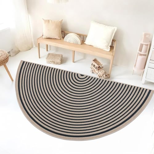 Easy Jute Rainbow Rug 3x6Ft Half Circle Doormat Neutral Faux Jute Carpet for Farmhouse Bedroom Entrance Balcony, Nonslip Half Round Floor Mat for Living Room Patio Kitchen, Outdoor, Black 3 - color: Black 3, size: 3'x6'