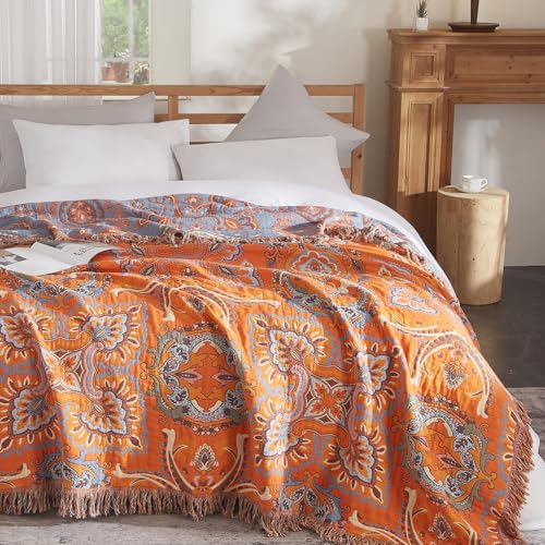Bailix Boho Throw Blanket for Couch Sofa Bed, 100% Cotton Woven Quilt with Tassel 80”x90”, Super Soft Muslin Blanket with Floral Printed, Decorative Reversible Bed Blanket/Cover for All Seasons - color: G - Boho Floral, size: Queen/Full-80" X 90"