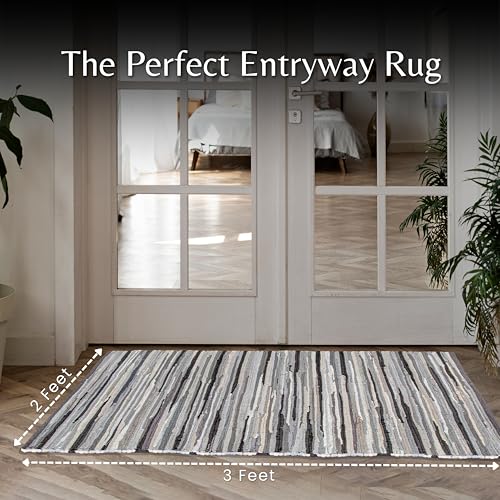 Cotton Hand Woven Chindi Rug 2x3 Feet - Charcoal, Farmhouse Stripe Reversible Throw Indoor Decorative Carpet Ideal for Entryway, Kitchen, Kids Space | Grey Small Area Floor Rag Rugs for Patio - color: Charcoal, size: 2 x 3 feet