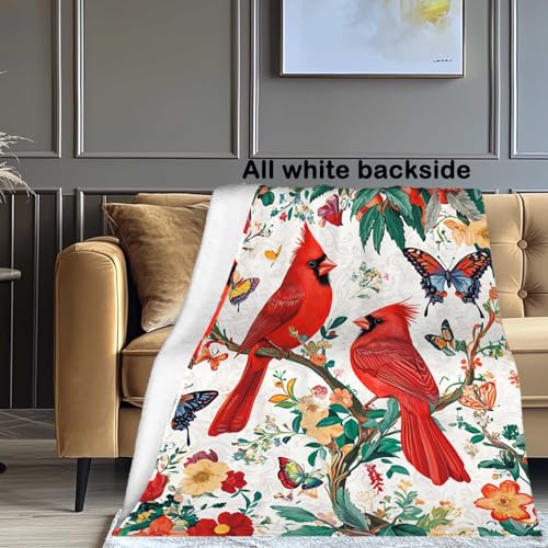 Cardinal Throw Blanket 40x50 Inches | Red Bird Floral Butterfly Fleece Blanket for Couch Sofa Bed | Botanical Farmhouse Decorative Throw Cozy Gift for Women Mom - color: Red Bird