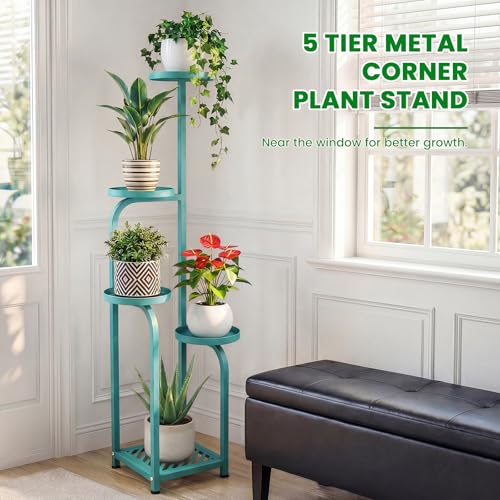 TOSKING 5 Tier Tall Plant Stand Indoor Outdoor,Anti-Tip Plant Stand indoor, Wide Base for Pots, Child and Pet Friendly,Heavy Duty Corner Shelf for Plants & Decor, Space Saving ,Tiered Metal Flower Pot Stand for Balcony, Garden, Living Room, Patio (Blue, 4