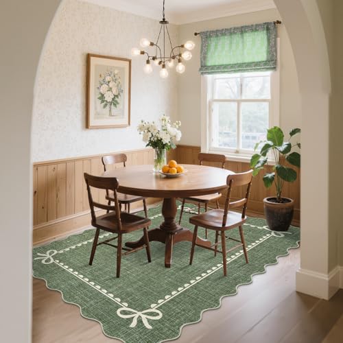 GarveeHome Scalloped Bow Rug for Living Room, Solid Green Rug for Dorm, Washable Rugs 8x10 Soft Low Pile Non Slip Scalloped Rugs for Nursery College Bedroom Decor Kids Room Playroom - color: Green, size: 8' x 10' (Rectangular)