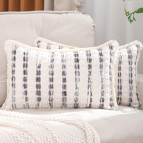 LUOYEHK Chenille Striped Throw Pillow Covers 12x20 Inch Set of 2 Boho Decorative Pillowcases with Fringe Farmhouse Neutral Gray Cushion Covers for Couch Sofa Bed Living Room - color: Gray, size: 20" x 12" (Pack of 2)