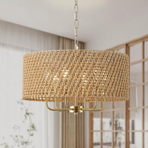 20" Large Boho Rattan Chandeliers for Dining Room, 6-Light Rattan Hand-Woven Drum Wicker Farmhouse Chandelier Large Vintage Chandelier Pendant Light Fixture for Kitchen Island Entryway(Gold) - color: B-Gold 6-Light 20" Drum