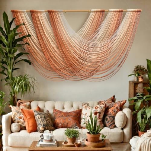 Macrame Wall Hanging Orange Boho Fiber Art Large Decor 57" W*31" L | Handmade、Gradient Color、Boho Decor、Premium Cotton、Large Statement Art - color: Orange