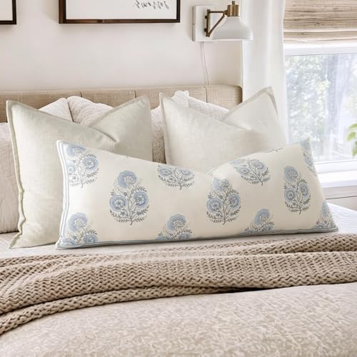 Vintage Floral 14x36 Lumbar Pillow Cover for Bed Pack of 1, Double-Sided Botanical Print Decorative Long Pillowcase Farmhouse Cushion Cover for Sofa Couch Living Bed Room, Light Blue (Cover Only) - color: Light Blue, size: 36" x 14" (Pack of 1)