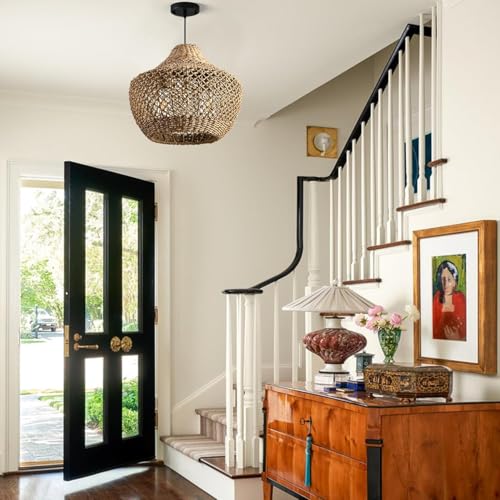 Hand-Woven Boho Rattan Chandelier Pendant Light Fixture - Brown Wicker Hanging Lamp for Kitchen Island, Dining Room, Bedroom, Foyer, Entryway, Porch or Restaurant Ceiling Lighting 15 Inch