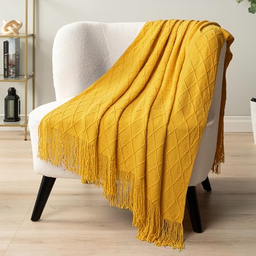 PAVILIA Mustard Yellow Knit Throw Blanket for Couch Bed, Soft Knitted Farmhouse Sofa Throw for Living Room, Lightweight Decorative Fall Throw Blanket for Chair, Outdoor Textured Boho Blanket, 50x60 - color: Mustard Yellow, size: 50 X 60 Inches - Throw