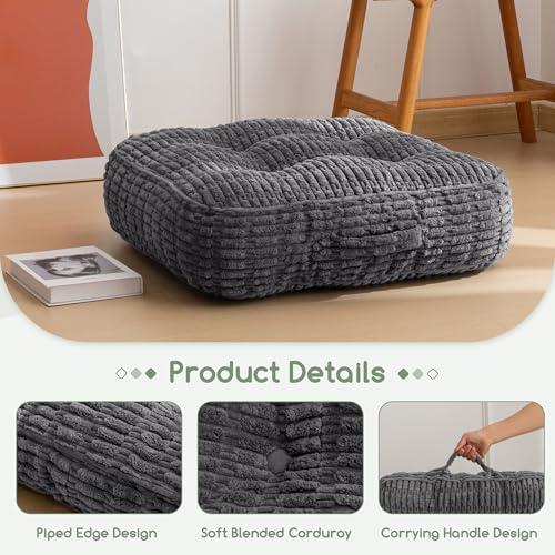 HIGOGOGO 6" Floor Pillow Cushion for Adults, Meditation Cushion Pillow, Blended Corduroy Cover, Large Square Floor Sitting for Tatami Living Room or Yoga, 2Pack, Dark Grey - color: Square Dark Grey, size: 6" Thick(Pack of 2)