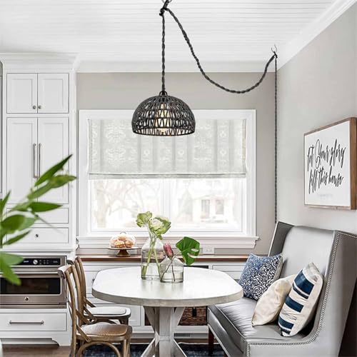 Lighting fixtures, 1-Light Pendant Light,Boho Black Woven Rattan Basket with Twist Hemp Hanging Cord Plug in Coastal Pendant Lamp for Dining Living Room Kitchen Island Foyer Bedroom Hallway