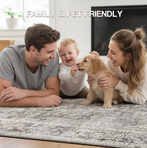 YOH Boho Washable Rug 5x7, Charcoal Gray Vintage Non Slip Area Rug, Distressed Indoor Carpet for Living Room Bedroom Kitchen Office - color: Charcoal Gray, size: 5' x 7' (Rectangular)