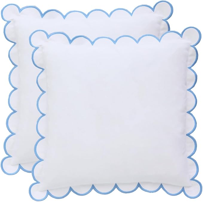 BEBE BASK Scalloped Pillow Cover - Set of 2-18 x 18 Inch - Scallop Pillow Cover – White and Blue Scalloped Pillows - Scallop Pillows - 100% Cotton - Grandmillennial Style (White/Blue)
