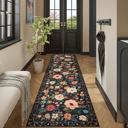 DUKINO Runner Rug for Hallway, 2.6x10 Washable Floral Long Kitchen Rug with Non Slip Backing, Boho Lightweight & Stain Resistant Soft Runners for Indoor Entrance, Laundry, Living Room, Bedroom, Black - color: Black, size: 2'6" x 10' (Rectangular)