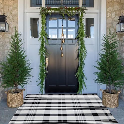 Fall Décor Plaid Rug, 3' x 5' Black&White Check Indoor/Outdoor Area Rug, Layering Rug for Hello/Welcome Door Mat, Machine Washable Cotton Woven Rugs for Farmhouse Front Porch, Entryway - color: Black & White Plaid X, size: 3' x 5' (Rectangular)
